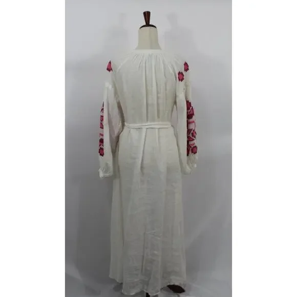 ELEVEN March 11 Sz XS Ivory Linen Pink Embroidered Belted Midi Dress - Picture 3 of 9